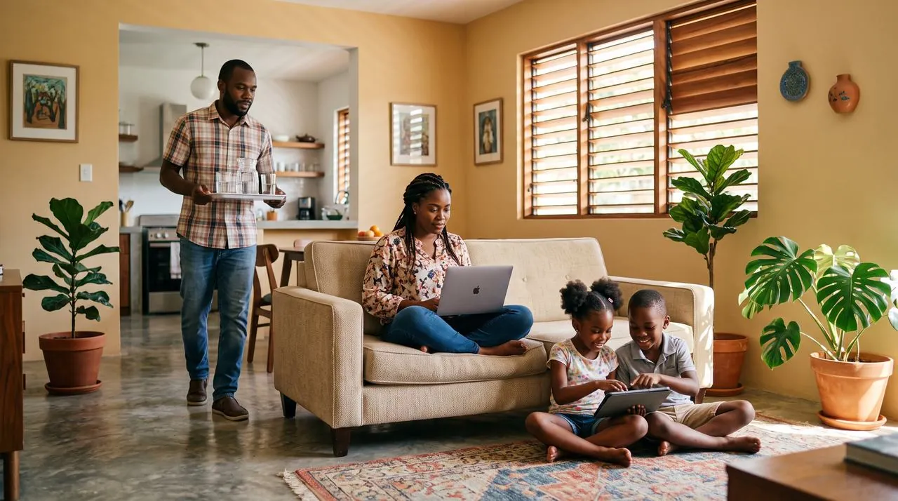 Famille haïtienne connectée dans son salon