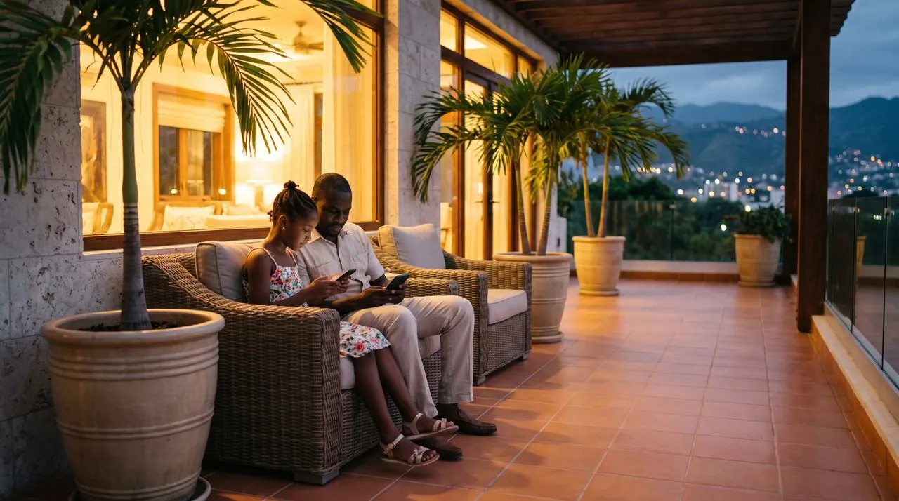 Père et fille connectés sur la terrasse de leur maison en Haïti