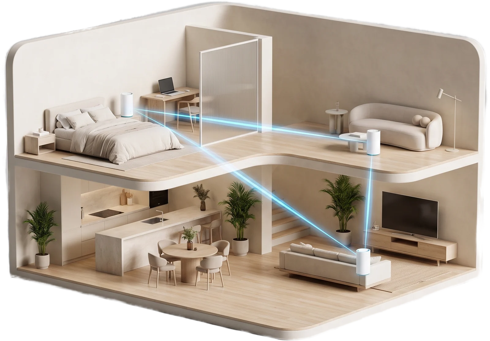 Coupe d'une maison : le routeur et deux relais WiFi couvrent les deux niveaux